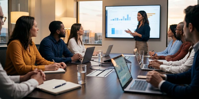 Profesionales en una sala de juntas practican inglés de negocios durante una videollamada con clientes