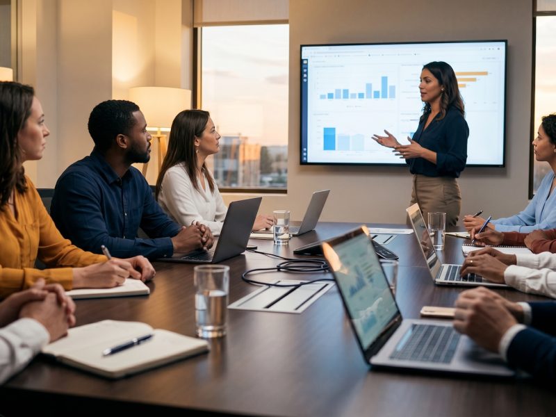 Profesionales en una sala de juntas practican inglés de negocios durante una videollamada con clientes