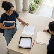 Estudiante universitaria en México revisa el requisito de inglés para titularse en la ventanilla de servicios escolares