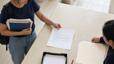 Estudiante universitaria en México revisa el requisito de inglés para titularse en la ventanilla de servicios escolares