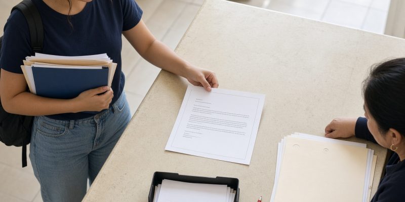 Estudiante universitaria en México revisa el requisito de inglés para titularse en la ventanilla de servicios escolares