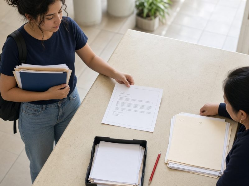 Estudiante universitaria en México revisa el requisito de inglés para titularse en la ventanilla de servicios escolares