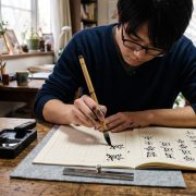 Estudiante practicando kanji japoneses con pincel y cuaderno cuadriculado