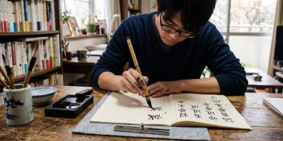Estudiante practicando kanji japoneses con pincel y cuaderno cuadriculado