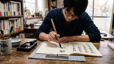 Estudiante practicando kanji japoneses con pincel y cuaderno cuadriculado
