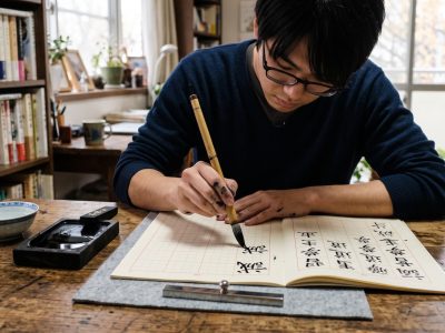 Estudiante practicando kanji japoneses con pincel y cuaderno cuadriculado