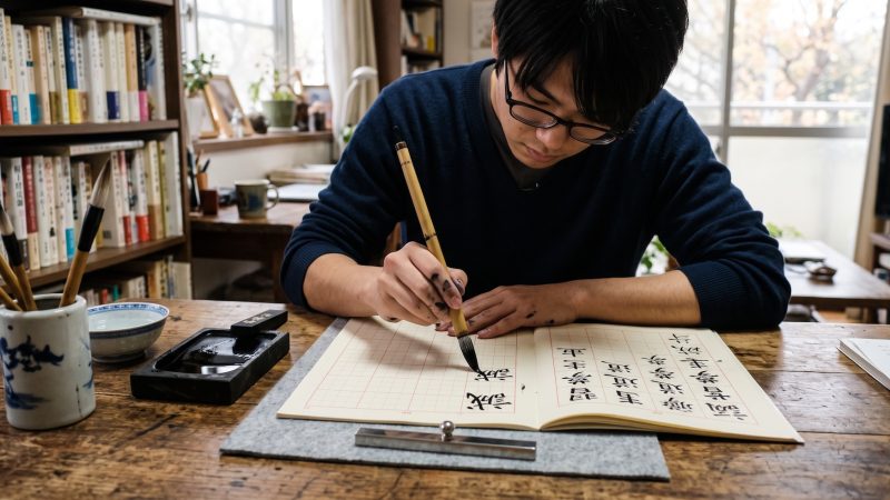 Estudiante practicando kanji japoneses con pincel y cuaderno cuadriculado