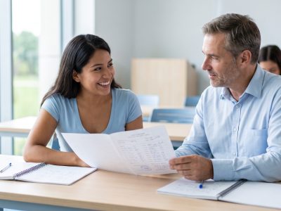 Estudiante adulta revisa su resultado de nivel B1 de inglés junto a su profesor