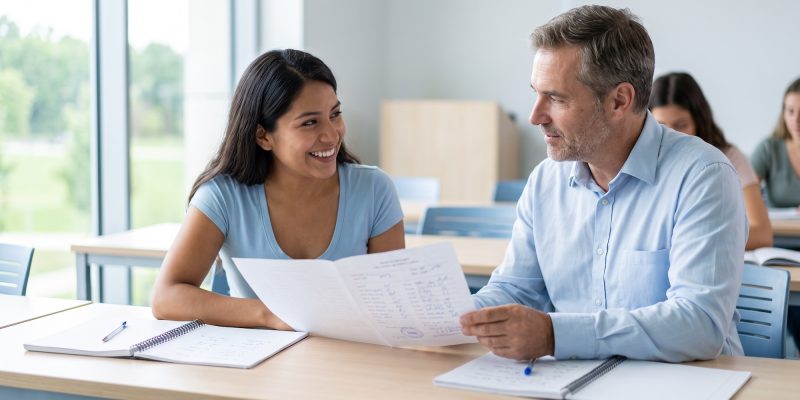Estudiante adulta revisa su resultado de nivel B1 de inglés junto a su profesor
