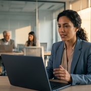 Profesional latinoamericana con nivel B2 de inglés participando en una videollamada de trabajo