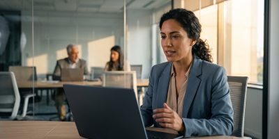 Profesional latinoamericana con nivel B2 de inglés participando en una videollamada de trabajo