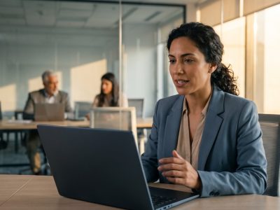 Profesional latinoamericana con nivel B2 de inglés participando en una videollamada de trabajo