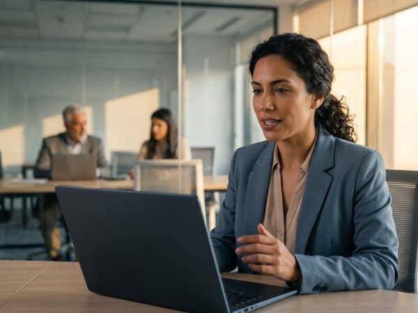 Profesional latinoamericana con nivel B2 de inglés participando en una videollamada de trabajo