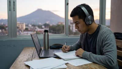 Joven salvadoreño practica con audífonos frente a una laptop para el TOEFL en El Salvador