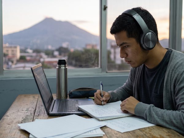 Joven salvadoreño practica con audífonos frente a una laptop para el TOEFL en El Salvador