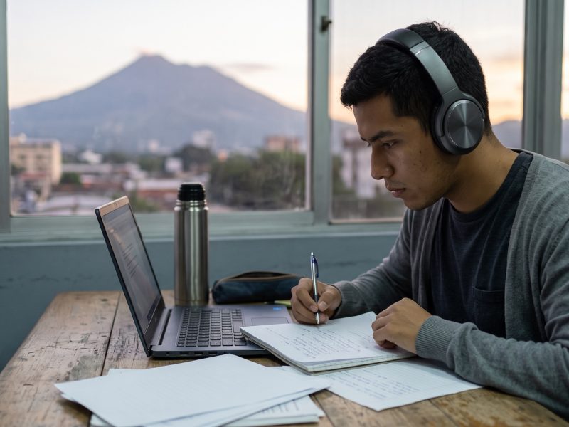Joven salvadoreño practica con audífonos frente a una laptop para el TOEFL en El Salvador