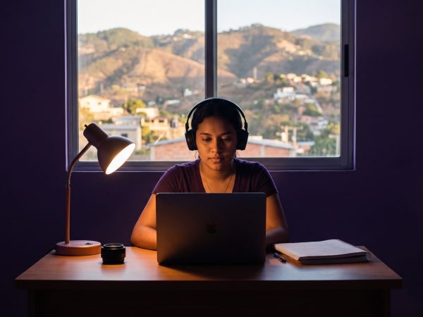 Estudiante hondureña preparando el TOEFL en Honduras con laptop y audífonos
