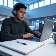 Estudiante latinoamericano compara TOEFL o IELTS en su laptop antes de aplicar a una universidad
