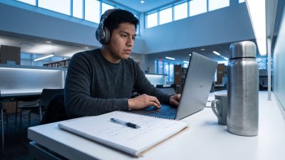 Estudiante latinoamericano compara TOEFL o IELTS en su laptop antes de aplicar a una universidad