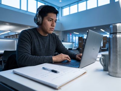 Estudiante latinoamericano compara TOEFL o IELTS en su laptop antes de aplicar a una universidad