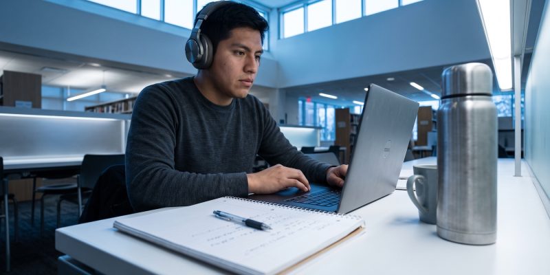 Estudiante latinoamericano compara TOEFL o IELTS en su laptop antes de aplicar a una universidad