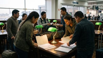 Trabajadores guatemaltecos con maletas en el aeropuerto antes de viajar a un trabajo temporal en el extranjero