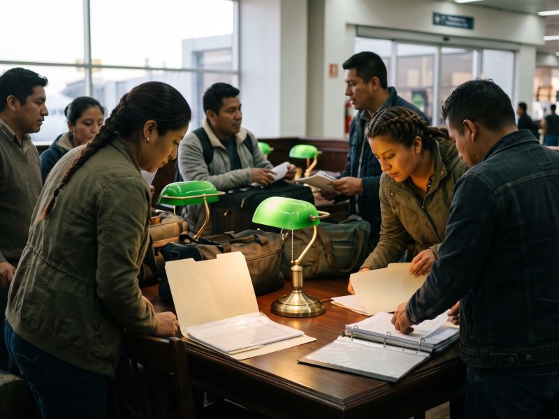 Trabajadores guatemaltecos con maletas en el aeropuerto antes de viajar a un trabajo temporal en el extranjero