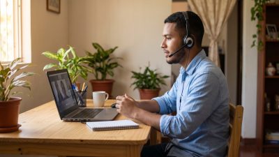 Joven nicaragüense en casa con laptop y audífonos buscando trabajos remotos en inglés
