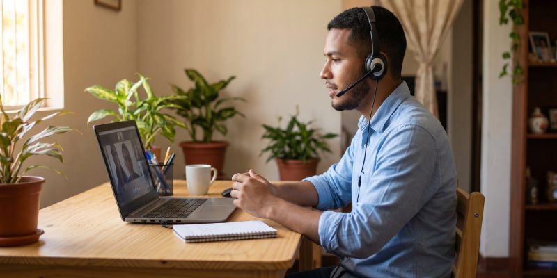 Joven nicaragüense en casa con laptop y audífonos buscando trabajos remotos en inglés