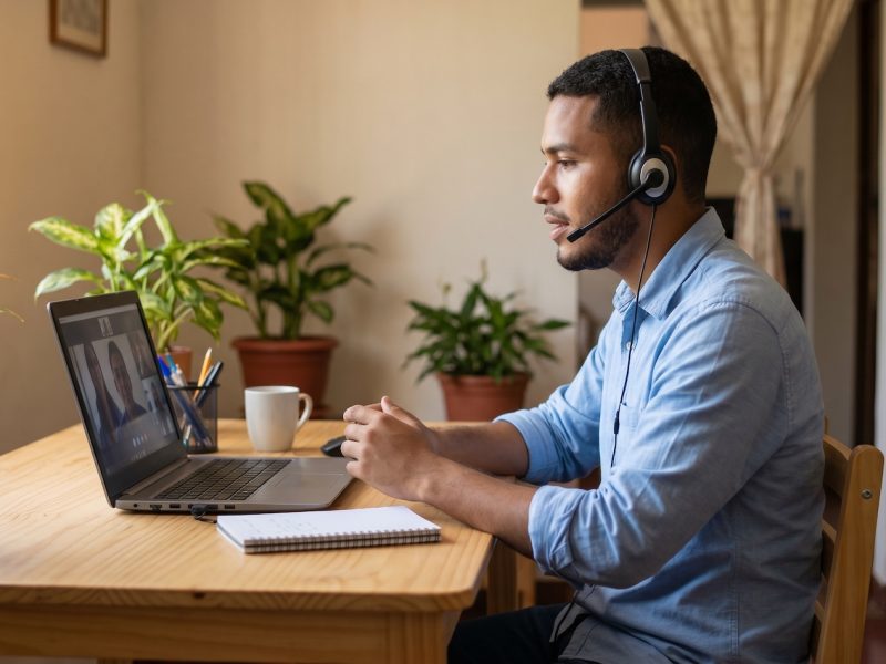 Joven nicaragüense en casa con laptop y audífonos buscando trabajos remotos en inglés